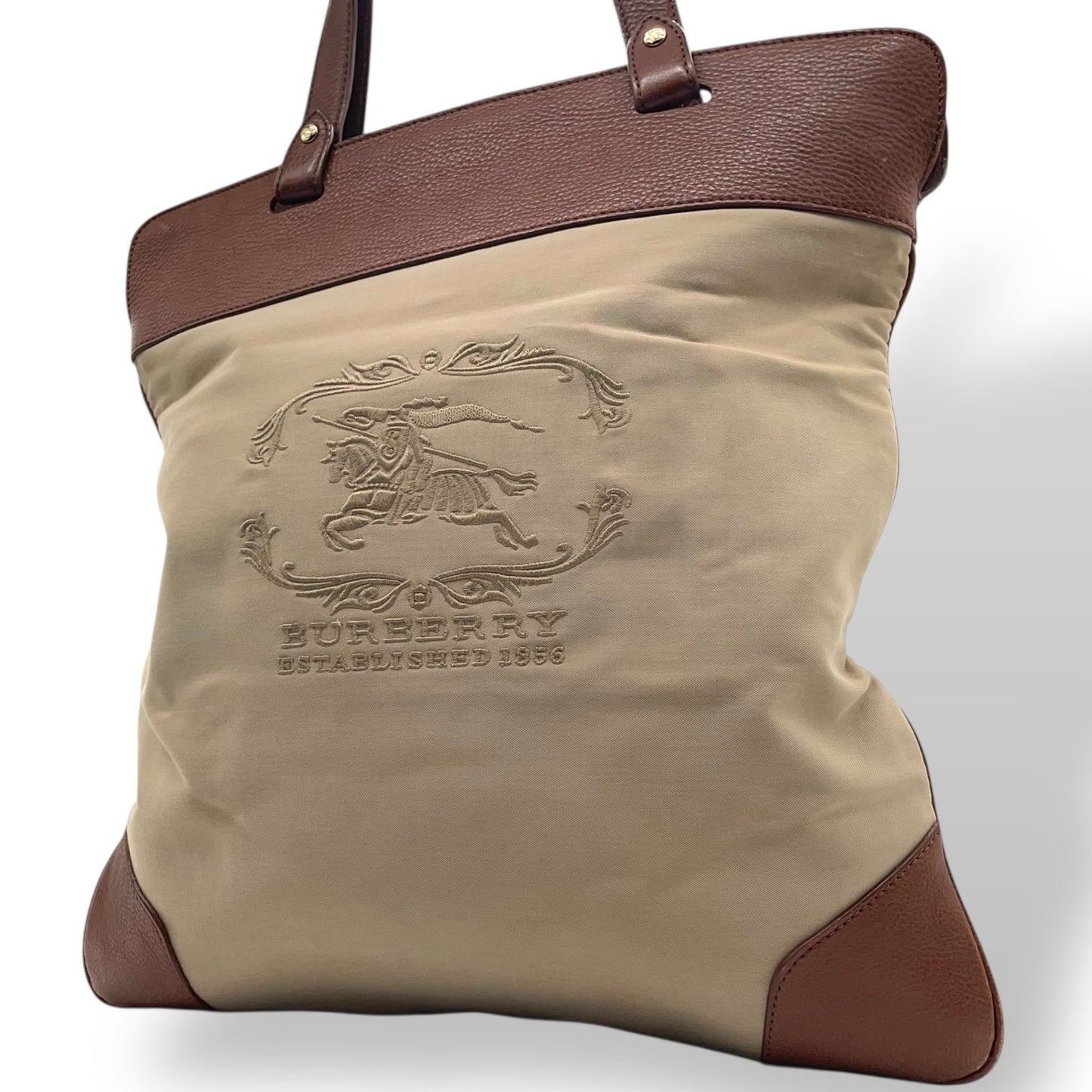 美品 BURBERRY バーバリー トートバッグ キャンバス レザー ベージュ 茶 ブラウン 刺繡ロゴ ゴールド金具 肩掛け可 内側ノバチェック レディース U13
