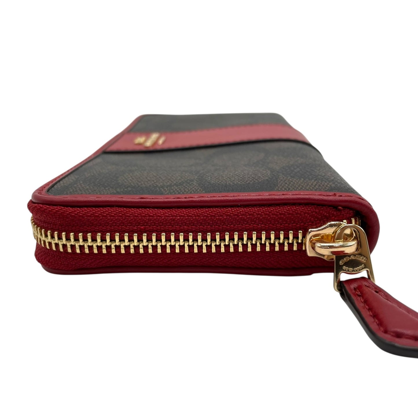 極美品 COACH コーチ シグネチャー 長財布 ラウンドファスナー 茶 ダークブラウン 赤 レッド 54630 IML72 ゴールド金具 PVC レザー ロゴ レディース W1