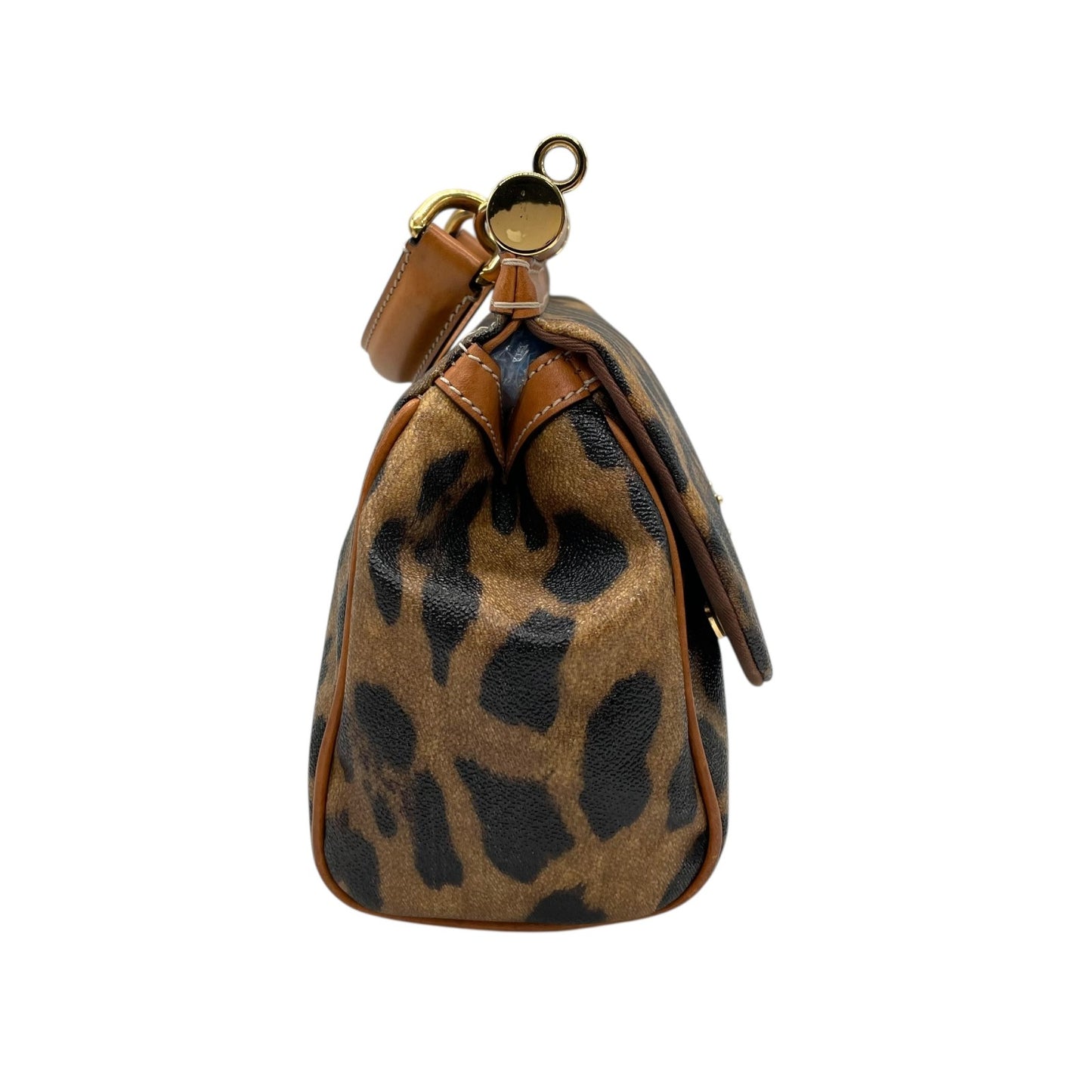 美品 DOLCE&GABBANA ドルチェ＆ガッパーナ シシリー 2WAY ハンドバッグ ショルダーバッグ ドルガバ レオパード ヒョウ柄 レザー PVC ブラウン 茶 ブラック 黒 レディース D&G ロゴプレート フラップ ゴールド金具 斜め掛け可 K4