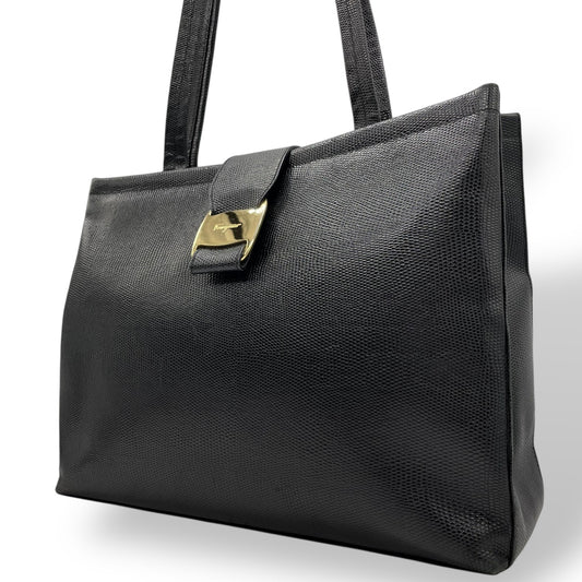 Salvatore Ferragamo フェラガモ ヴァラリボン トートバッグ ワンショルダー レザー トカゲ型押し 黒 ブラック ゴールド金具 肩掛け可 サルヴァトーレフェラガモ レディース E