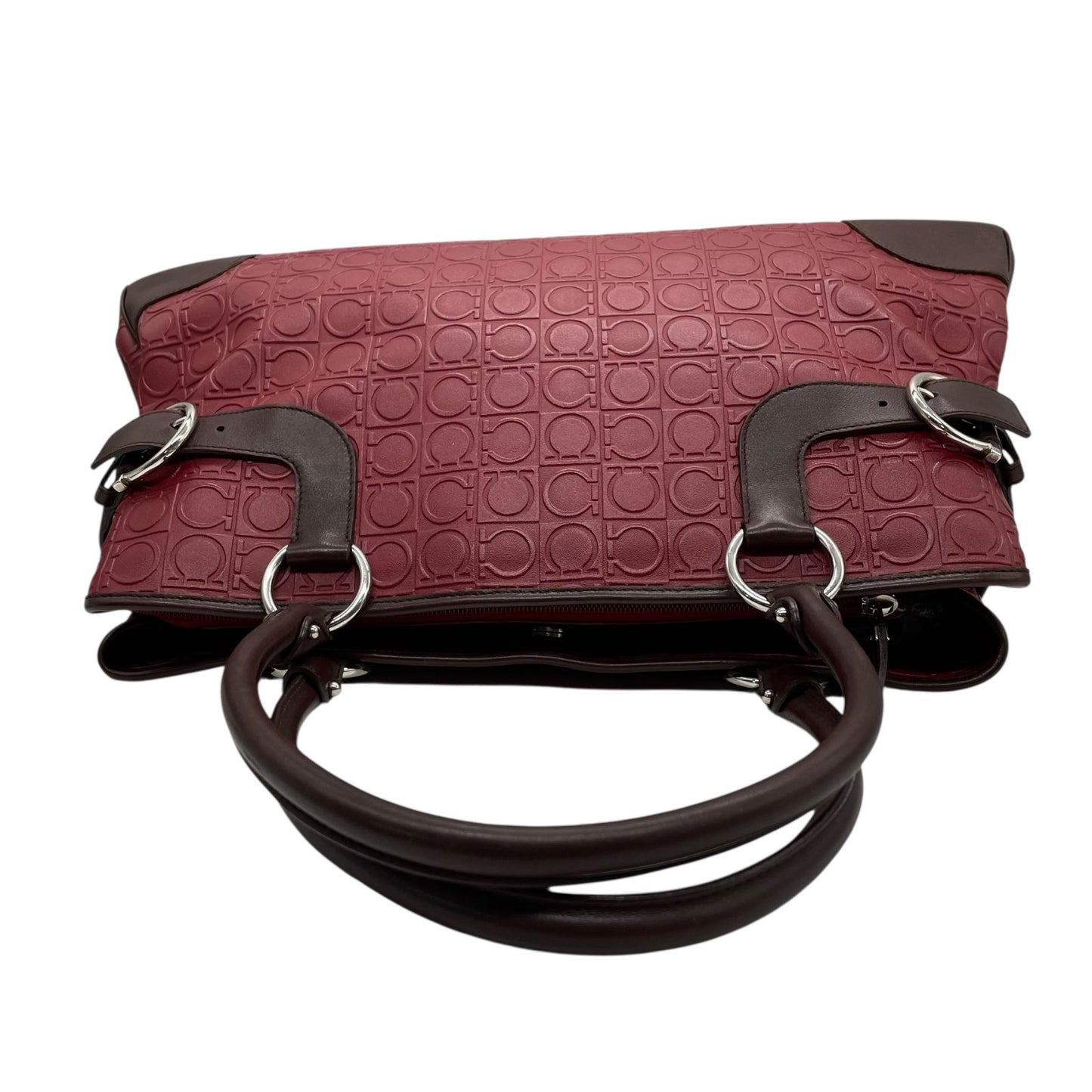 美品 フェラガモ Salvatore Ferragamo ガンチーニ ボルドー レザー ハンドバッグ トートバッグ 総柄 赤 レッド ブラウン シルバー金具 レディース D