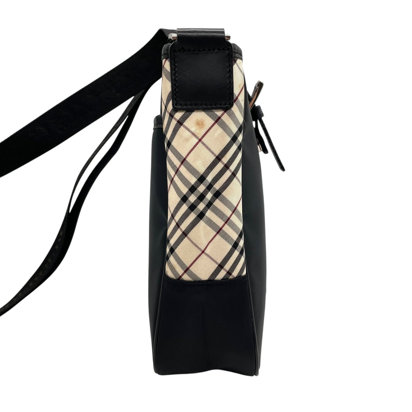 美品 BURBERRY BLACK LABEL バーバリー ショルダーバッグ ナイロン レザー ノバチェック ベージュ 黒 ブラック シルバー金具 斜め掛け メンズ レディース K11