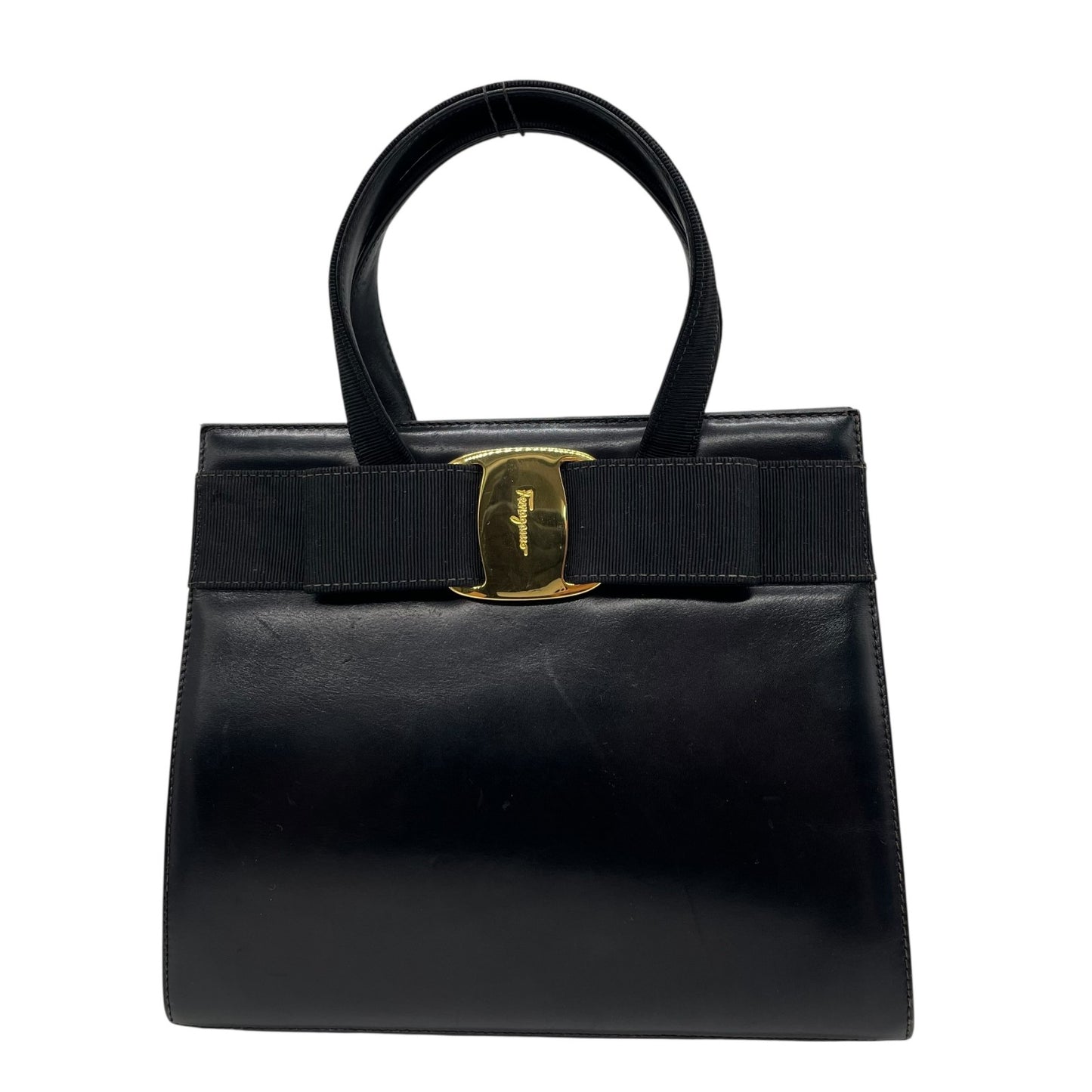 Authentic Salvatore Ferragamo Vara Ribbon Handbag Black Leather Gold Hardware