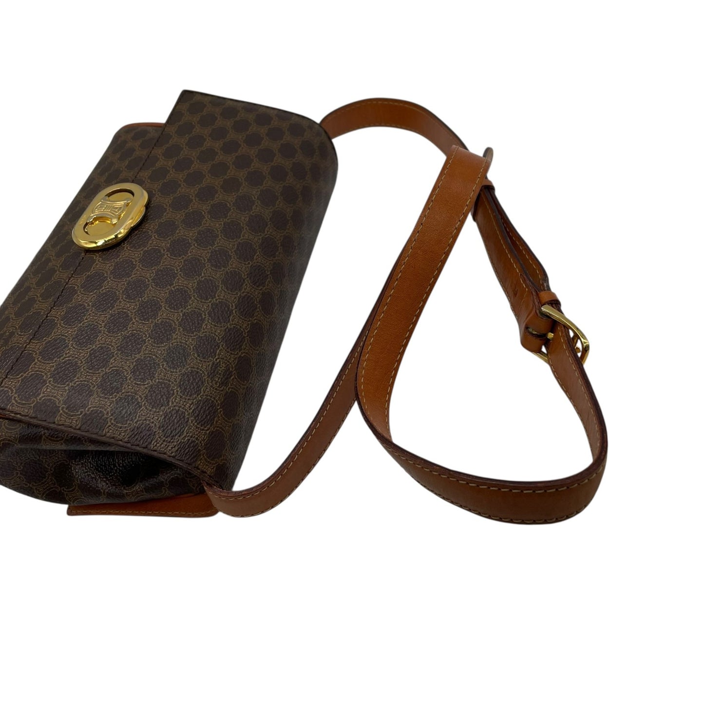 Authentic Old CELINE Macadam Shoulder Bag Brown PVC Leather Logo Vintage Crossbody