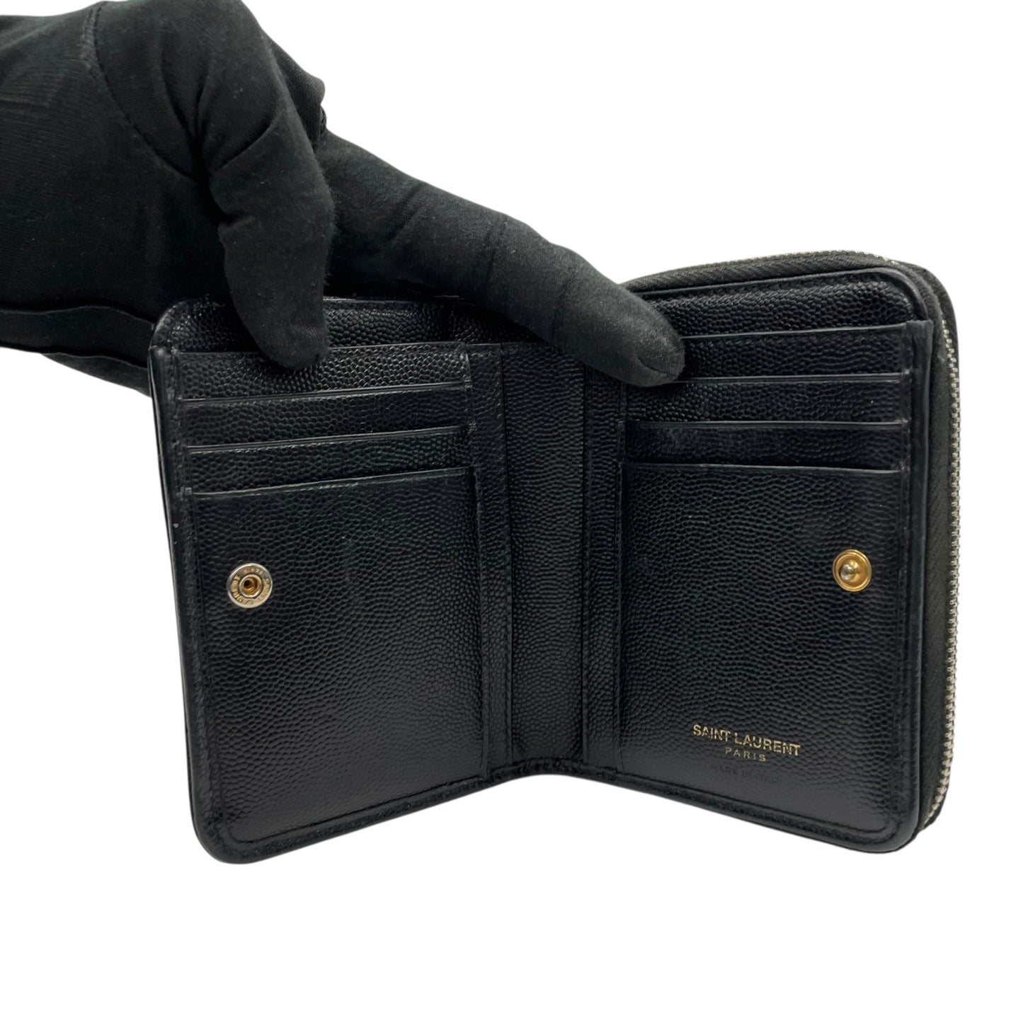 Authentic Saint Laurent Paris Compact Wallet Black YSL Large Logo Caviar Leather Gold Hardware Women