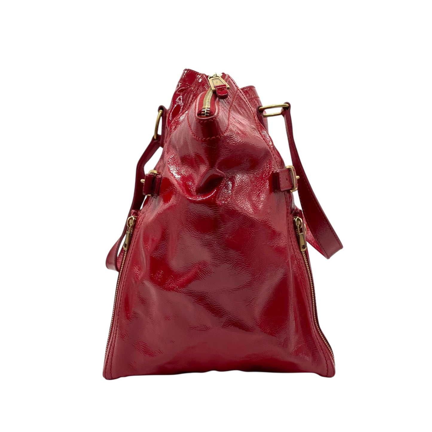 Authentic YVES SAINT LAURENT Downtown Patent Leather Red Enamel Vintage Tote Bag Large Capacity Women
