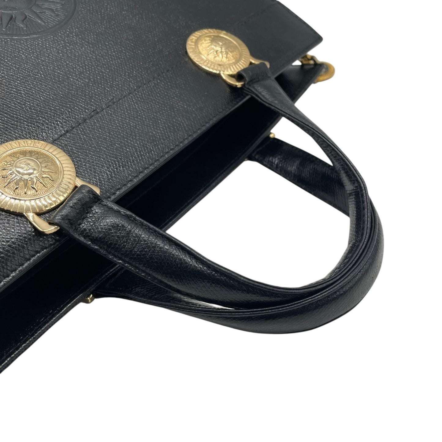 Authentic GIANNI VERSACE Black Sunburst Embossed Leather Handbag Gold Hardware Vintage Archive Women