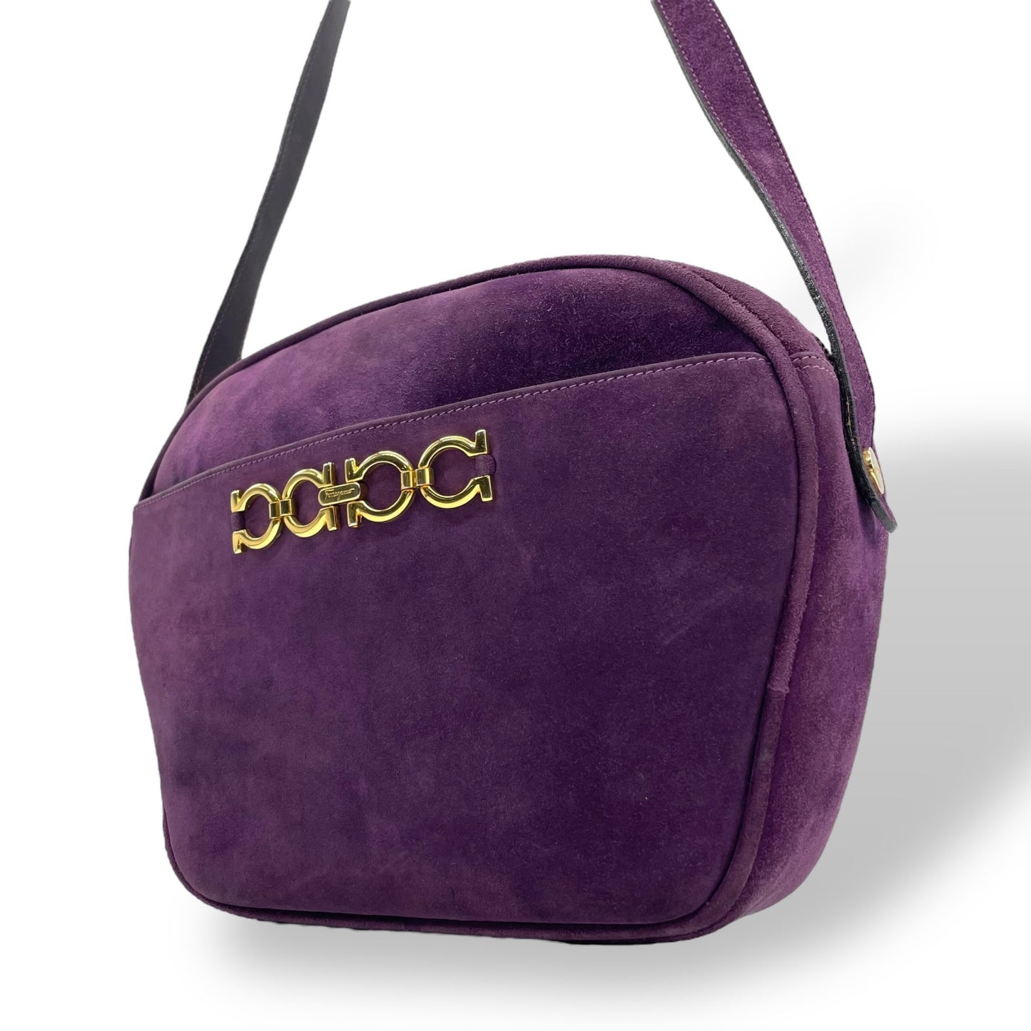 美品 Salvatore Ferragamo フェラガモ ガンチーニ ダブルガンチーニ ショルダーバッグ 紫 パープル スエード ゴールド金具 斜め掛け可 ポシェット ヴィンテージ レディース D7