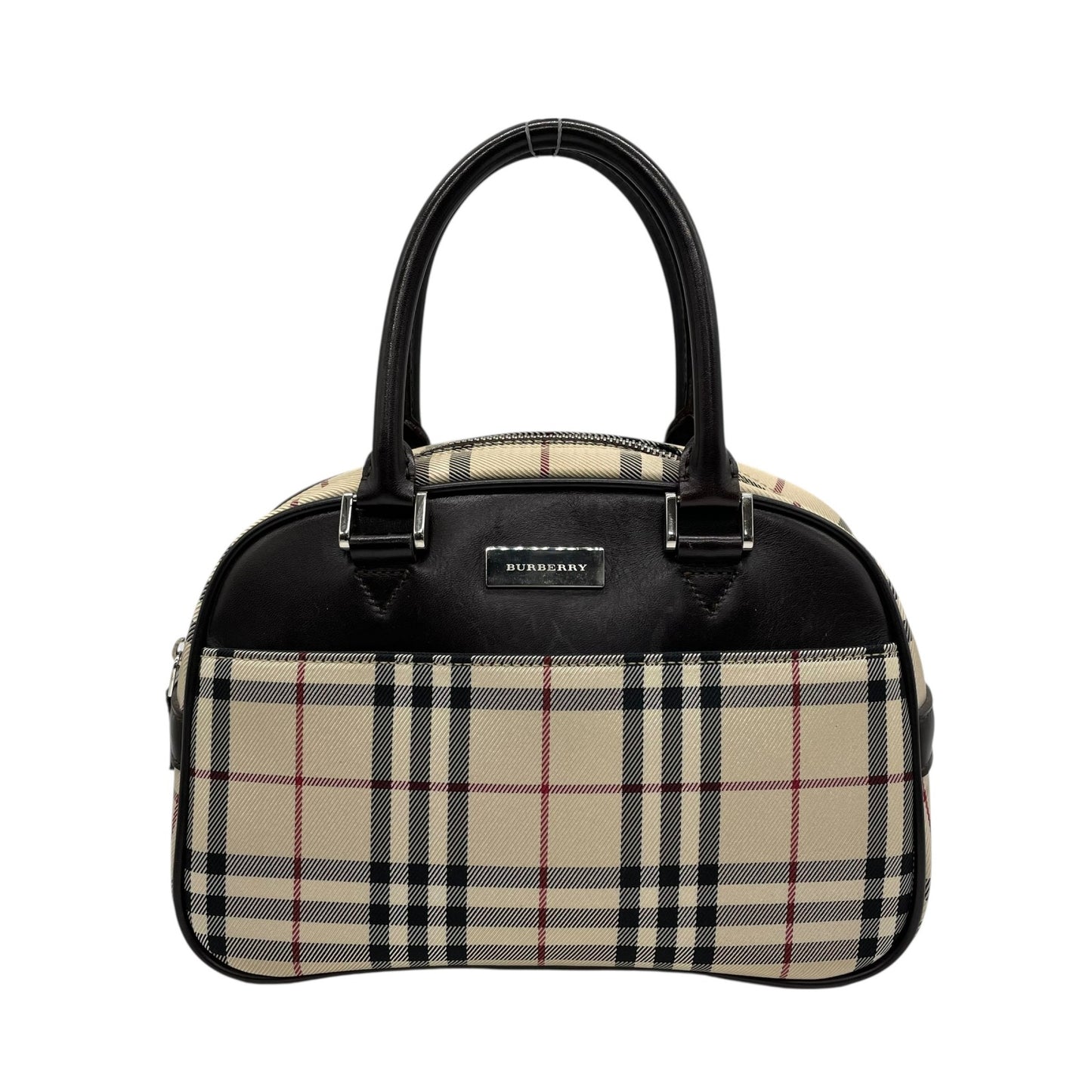 美品 BURBERRY バーバリー ノバチェック柄 ハンドバッグ ミニボストンバッグ ベージュ キャンバス×ブラウンレザー メンズ レディース ボーイズ ガールズ 旅行 ビジネス K10
