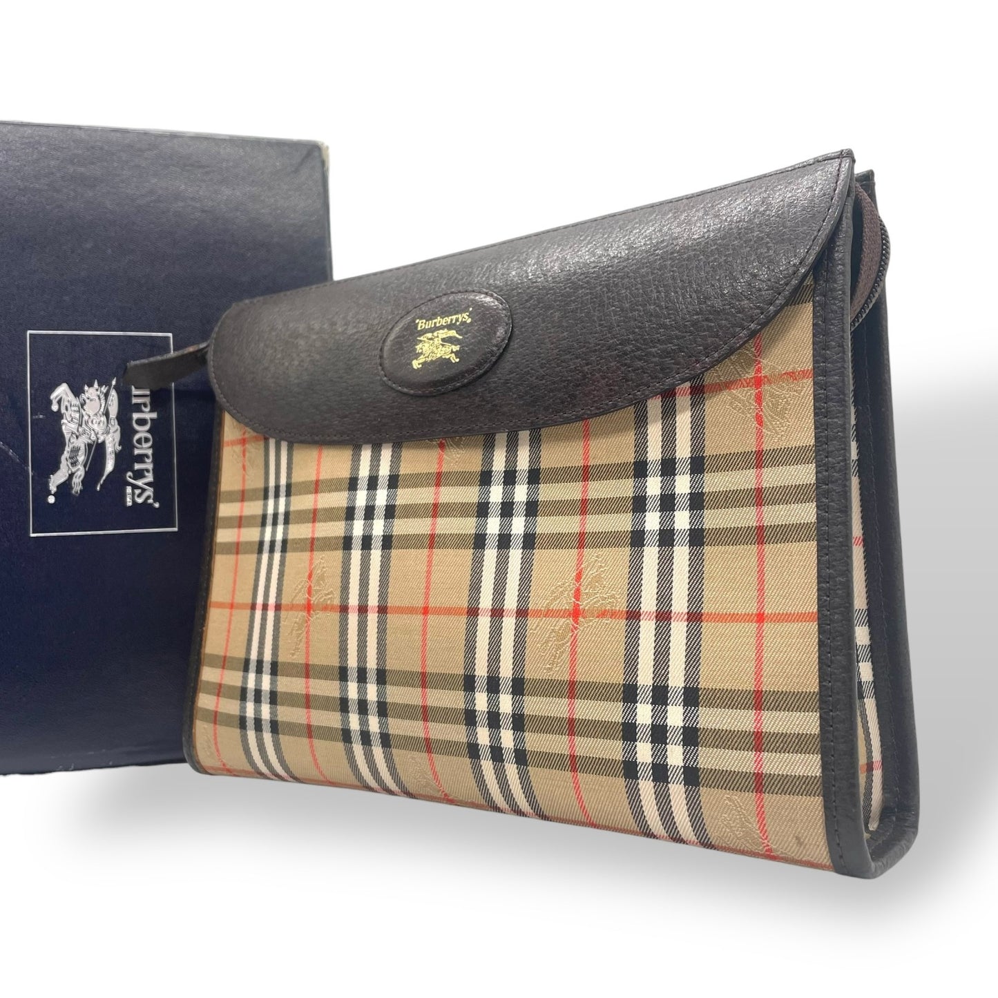 極美品 Burberry バーバリー クラッチバッグ ノバチェック シャドーホース ブラウン キャンバス×レザー ヴィンテージ 箱付き ホースロゴ セカンドバッグ ユニセックス メンズ レディース A1
