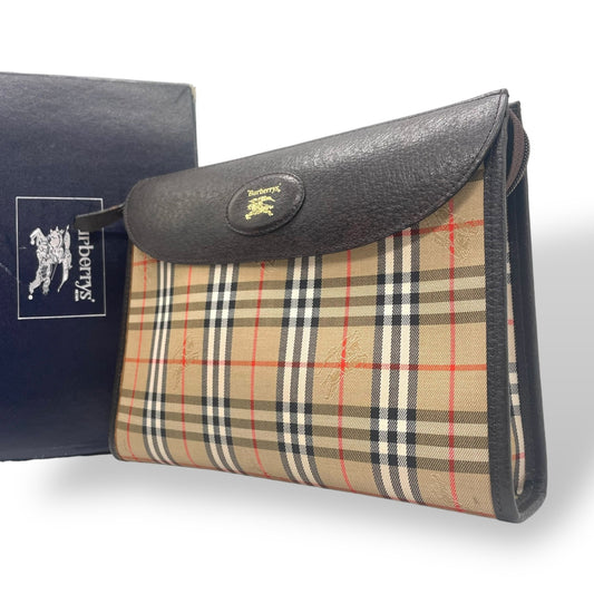 極美品 Burberry バーバリー クラッチバッグ ノバチェック シャドーホース ブラウン キャンバス×レザー ヴィンテージ 箱付き ホースロゴ セカンドバッグ ユニセックス メンズ レディース A1
