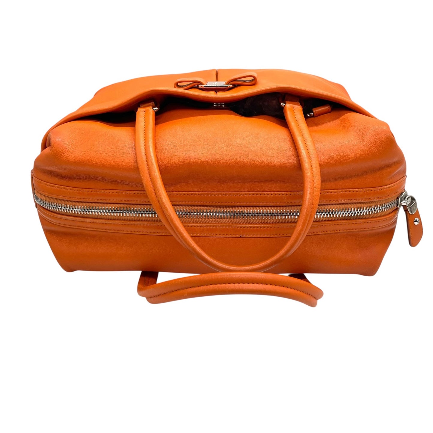 美品 Salvatore Ferragamo フェラガモ ヴァラリボン ハンドバッグ オレンジ レザー シルバー金具 レディース ヴィンテージ A