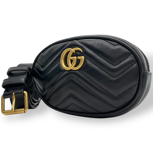 【新品同様】 GUCCI グッチ ウエストバッグ GGマーモント 476434 ベルトバッグ ブラック レザー キルティング ゴールド金具 レディース B3