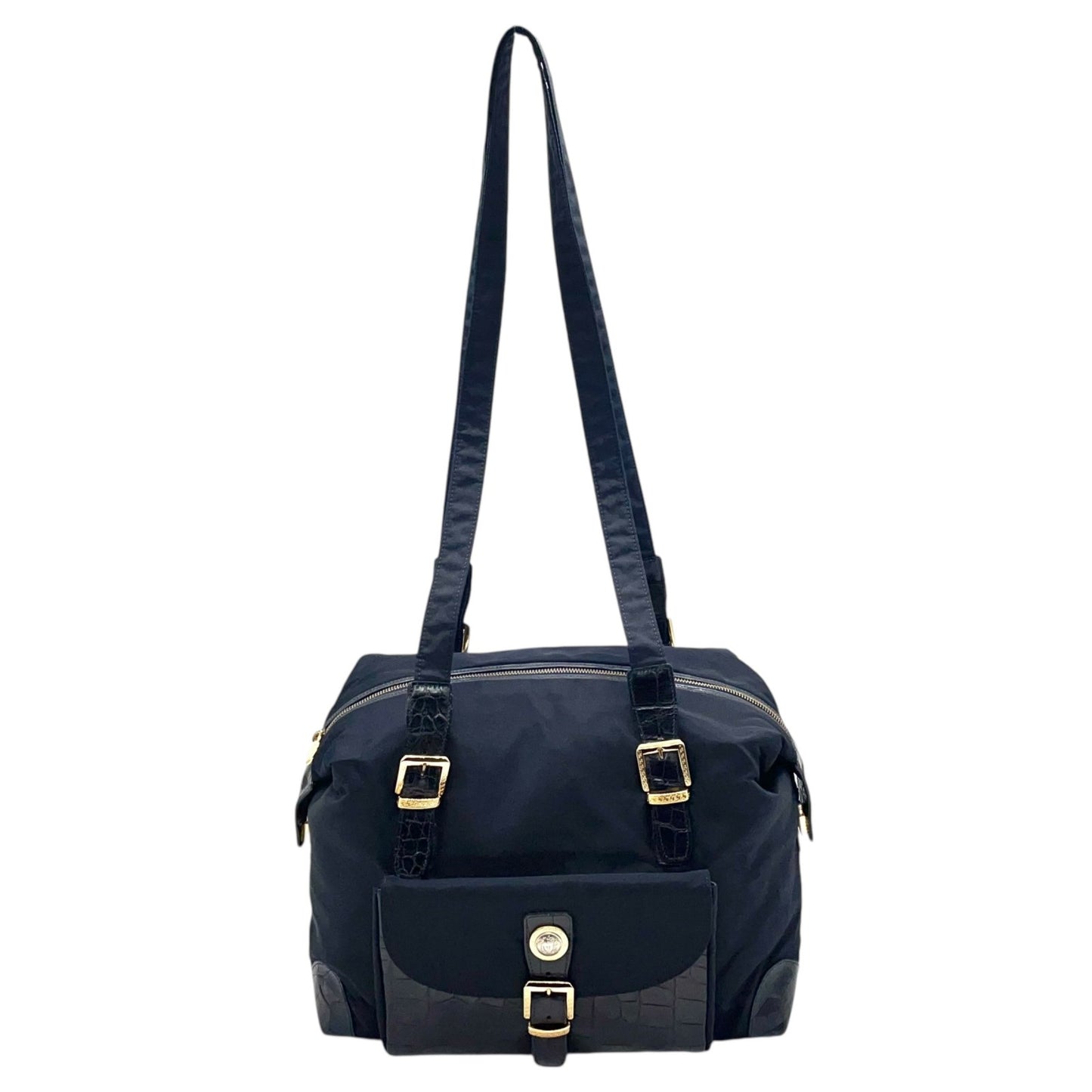 美品 GIANNNI VERSACE ジャンニヴェルサーチェ ショルダーバッグ ボストンバッグ メデューサ ブラック 黒 ナイロン×エンボスレザー ゴールド金具 ユニセックス A4