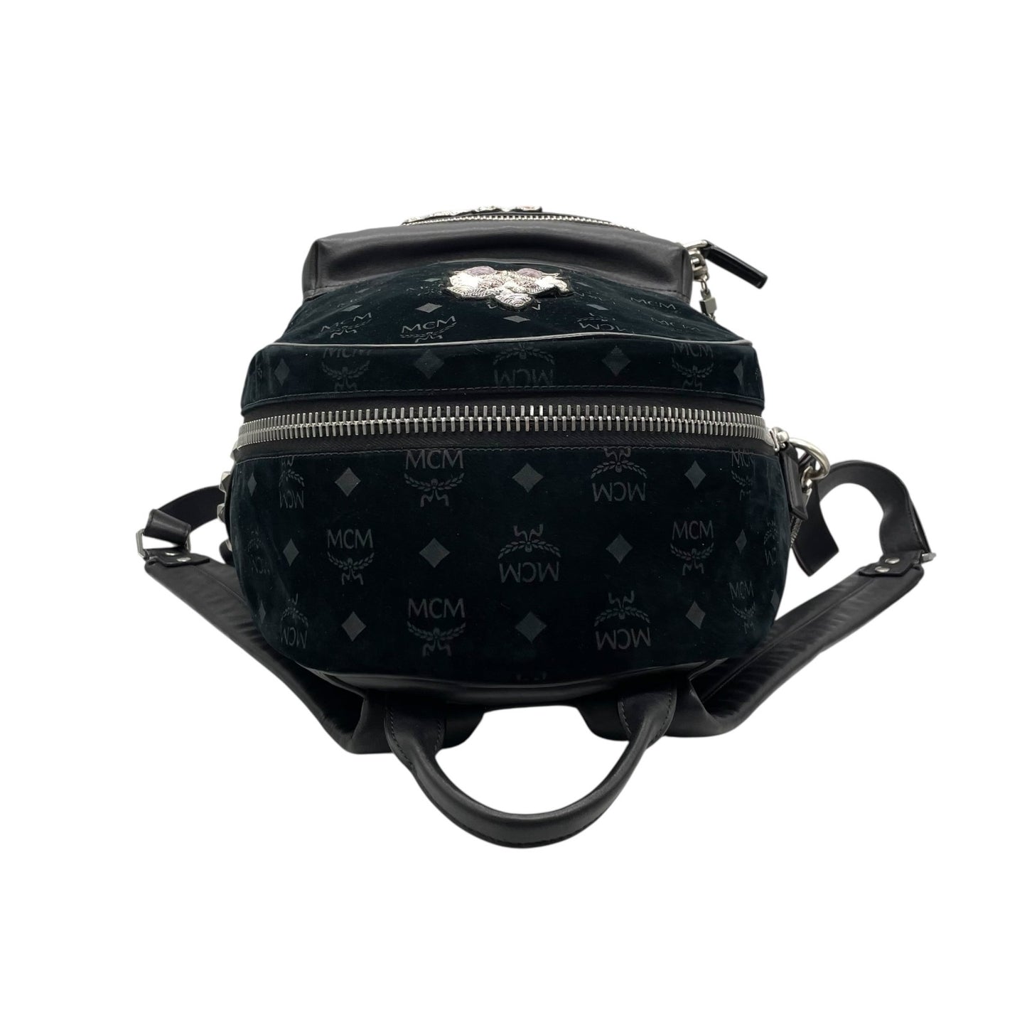 極美品 MCM エムシーエム バックパック リュック モノグラム ヴィセトス エンブレム刺繍 スタッズ付き レザー×ベルベット ブラック 黒 A