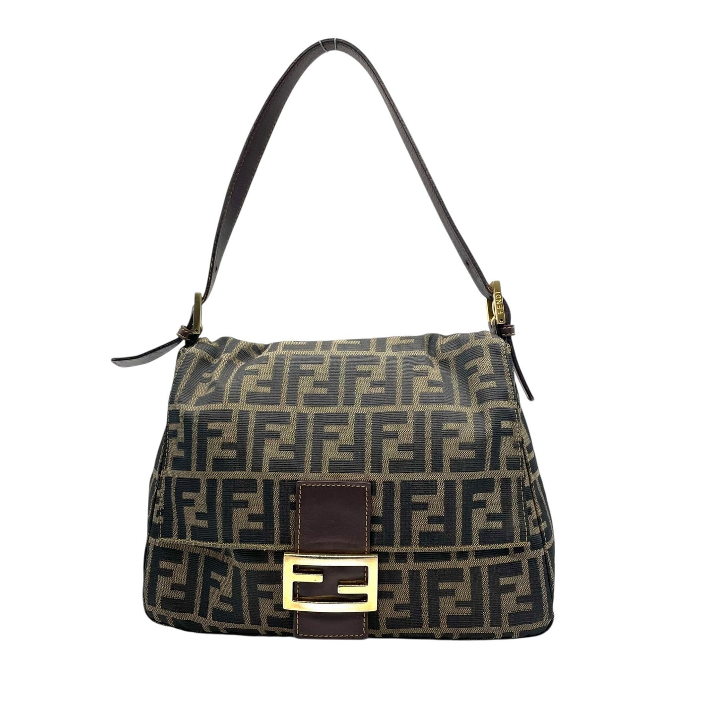 美品 フェンディ FENDI マンマバケット ショルダーバッグ ズッカ柄 ブラウン 茶色 キャンバス×レザー FFロゴ金具 金金具 ビンテージ レディース C7