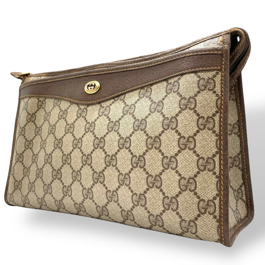 GUCCI グッチ GGスプリーム クラッチバッグ セカンドバッグ 茶 ブラウン グレー PVC レザー ゴールド金具 オールドグッチ ヴィンテージ メンズ レディース C4