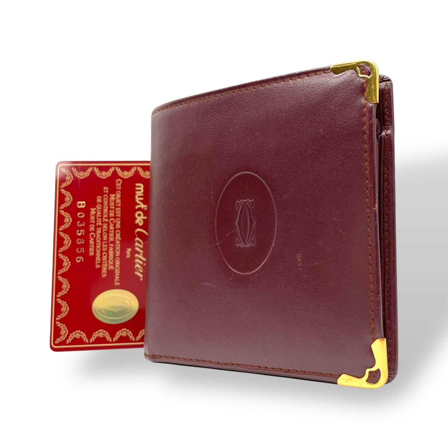 美品 カルティエ Cartier マストライン 二つ折り財布 ボルドー 赤 ワインレッド レザー ゴールド金具 ヴィンテージ メンズ レディース M5