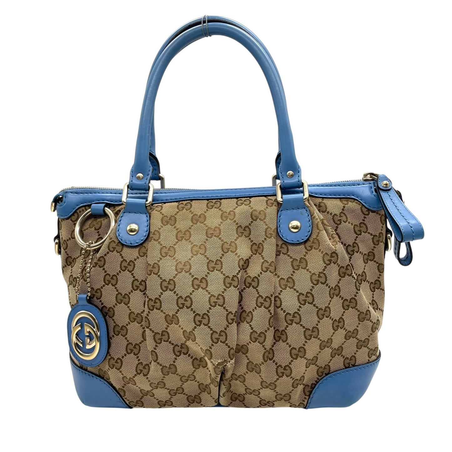 美品 GUCCI グッチ スーキー ハンドバッグ 2way ショルダーバッグ GG柄 キャンバス ジャカード レザー インターロッキング ブルー 青 チャーム付き 247902 K8