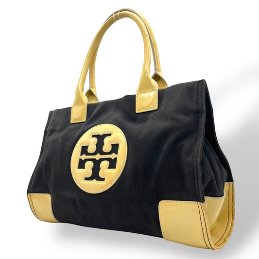 Tory Burch トリーバーチ トートバッグ エラ ロゴパッチ ビッグロゴ ダブルT 黒 ブラック×ベージュ キャンバス U8