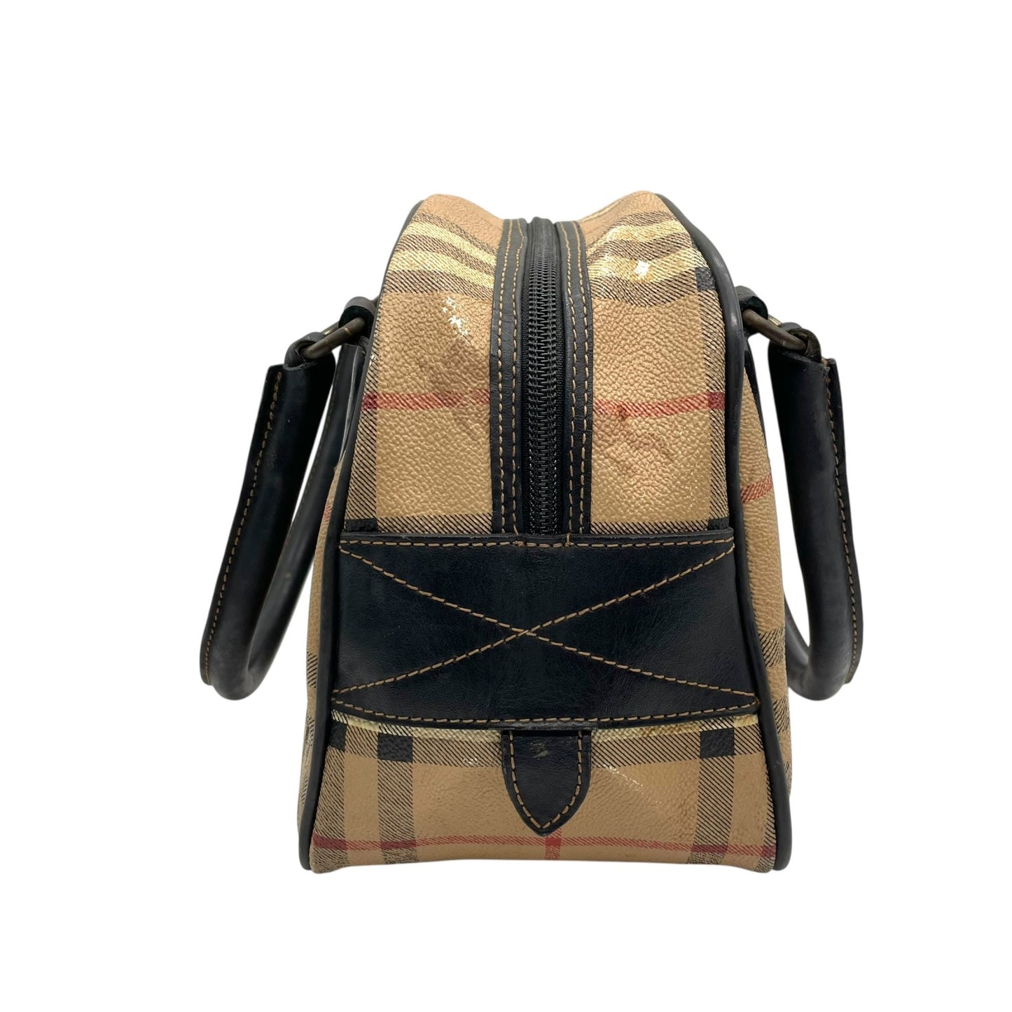 BURBERRY バーバリー ミニボストンバッグ ハンドバッグ ノバチェック シャドーホース シェルター ベージュ 黒 ブラック ゴールド金具 PVC レザー ファスナー開閉 手提げ ヴィンテージ レディース K6