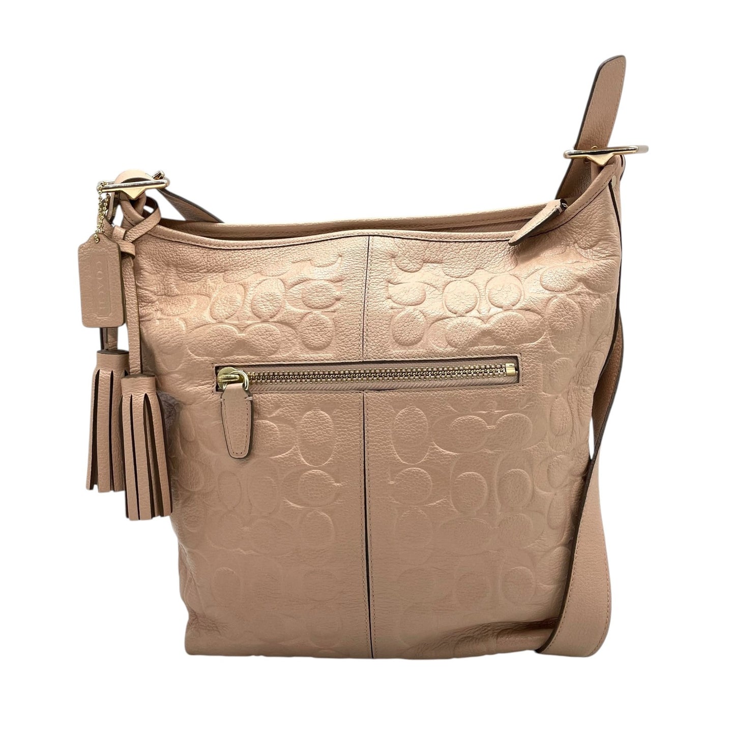 コーチ COACH ショルダーバッグ シグネチャー型押しレザー タッセル付き ベージュ ホーボー トート T3