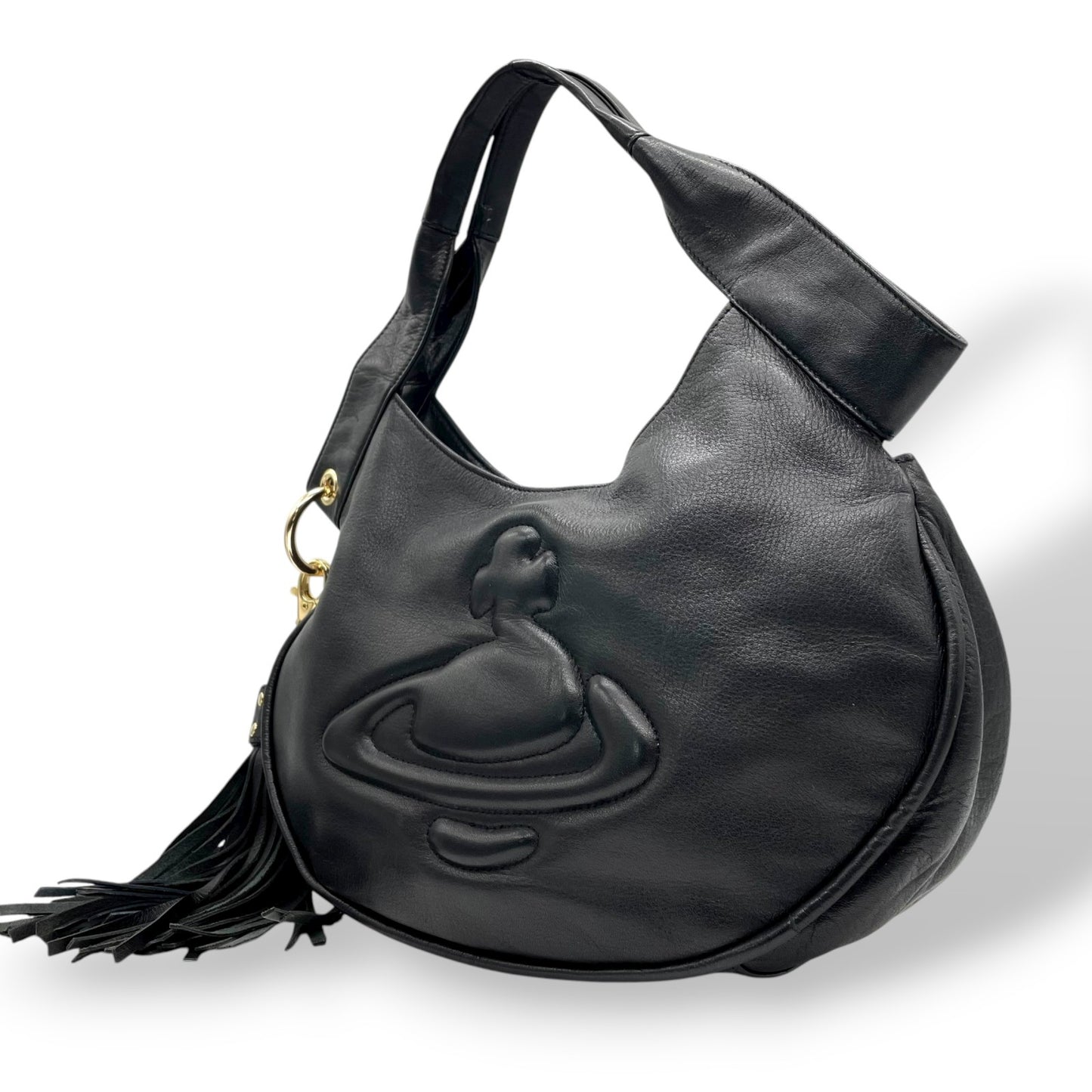 未使用級 ヴィヴィアンウエストウッド Vivienne Westwood オーブ ロゴ ハンドバッグ ワンショルダー ホーボーバッグ タッセル付き フリンジ 黒 ブラック レザー ゴールド金具 C8