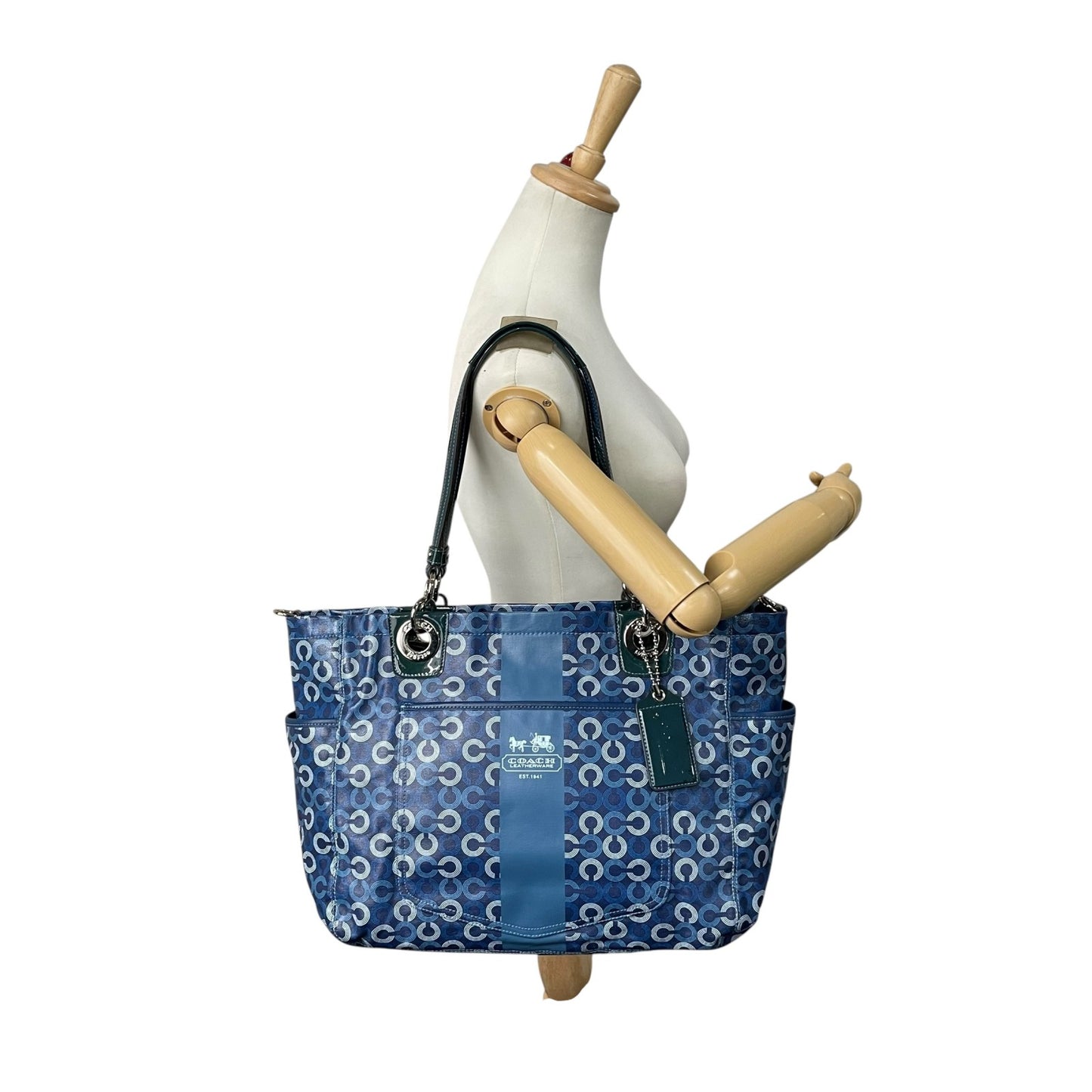 美品 コーチ COACH トートバッグ ショルダーバッグ 2WAY シグネチャー サークル柄 紺 ネイビー A4収納可 ショルダーストラップ付 U10