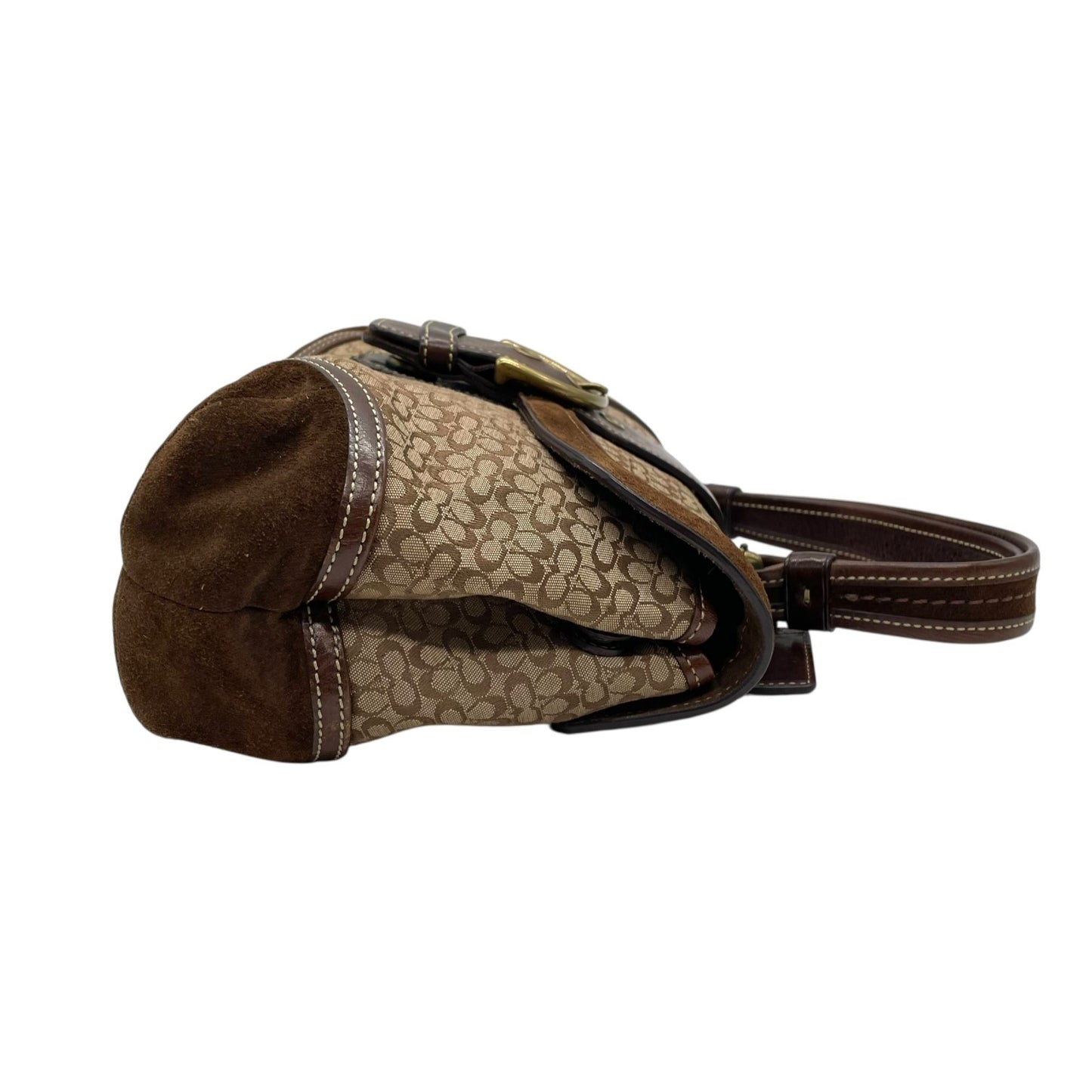 コーチ COACH シグネチャー スエード レザー ハンドバッグ 7078 茶色 ブラウン ゴールド金具 金金具 チャーム付き E10