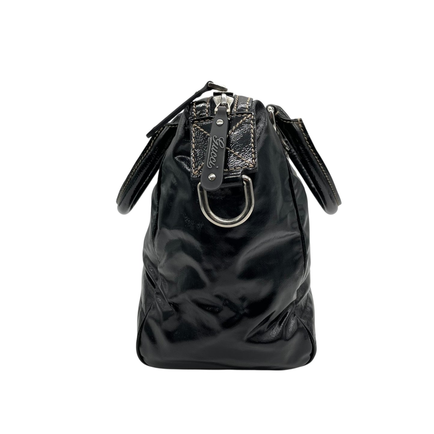 美品 グッチ GUCCI ハンドバッグ ショルダーバッグ ブラック 黒 2way パテントレザー インターロッキングG GGロゴ 手提げ 斜め掛け可 シルバー金具 レディース B2