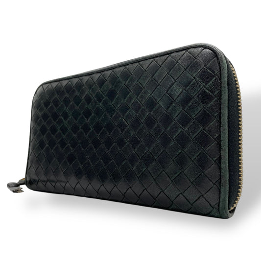 ボッテガヴェネタ BOTTEGA VENETA 長財布 イントレチャート ラウンドファスナー 黒 ブラック レザー ゴールド金具 メンズ レディース M5