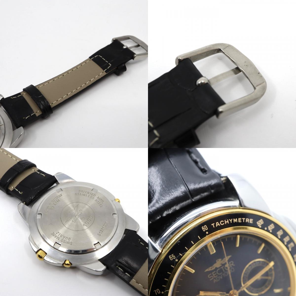 美品 電池交換済 新品ベルト セクター SECTOR ADV1000 腕時計 メンズウォッチ クロノグラフ タキメーター クォーツ ブラック文字盤 シルバー ゴールド ステンレス レザーベルト アナログ スポーツウォッチ 稼働品 G3