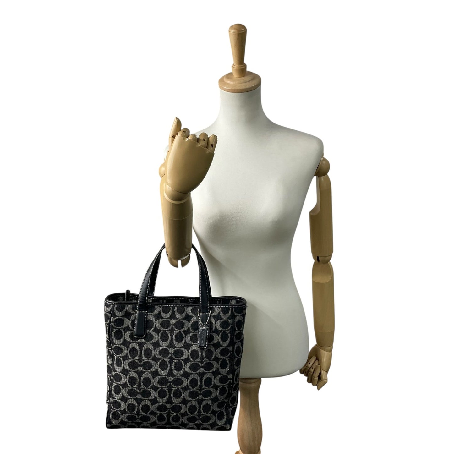 美品 COACH コーチ シグネチャー トートバッグ ハンドバッグ 黒 ブラック グレー ウール レザー シルバー金具 ロゴ ファスナー開閉 レディース S11