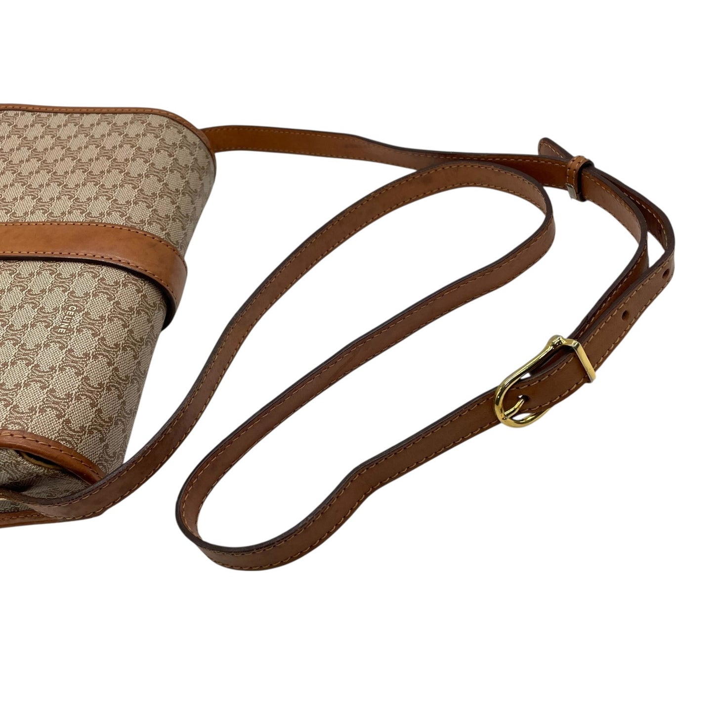 美品 CELINE オールドセリーヌ マカダム柄 トリオンフ ショルダーバッグ PVC レザー ベージュ ブラウン ゴールド金具 斜め掛け可 フラップ開閉 ヴィンテージ レディース K11