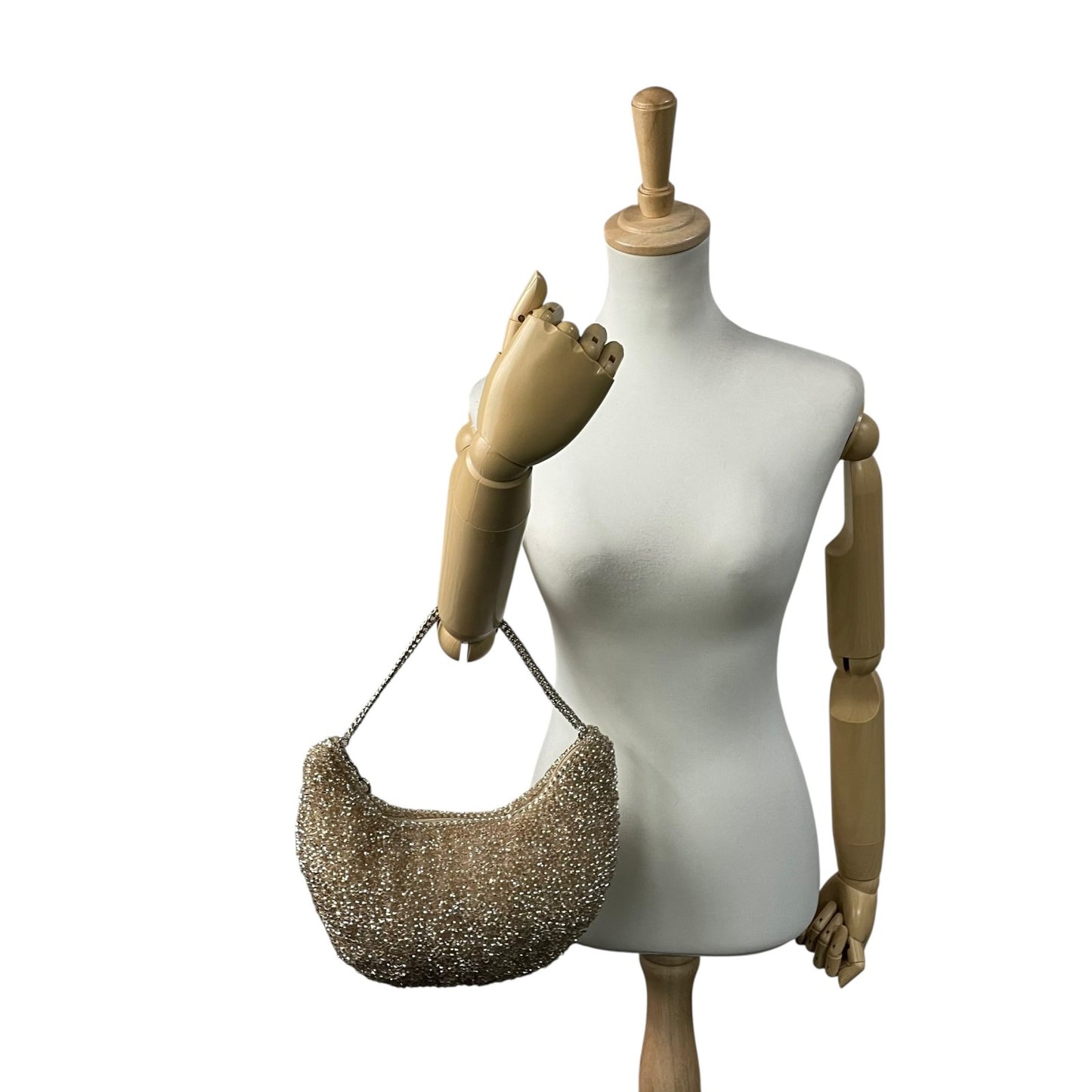 美品 アンテプリマ ANTEPRIMA ワイヤーバッグ ハンドバッグ チェーンストラップ ゴールド ベージュ 半月型 ハーフムーン 手提げ レディース E6