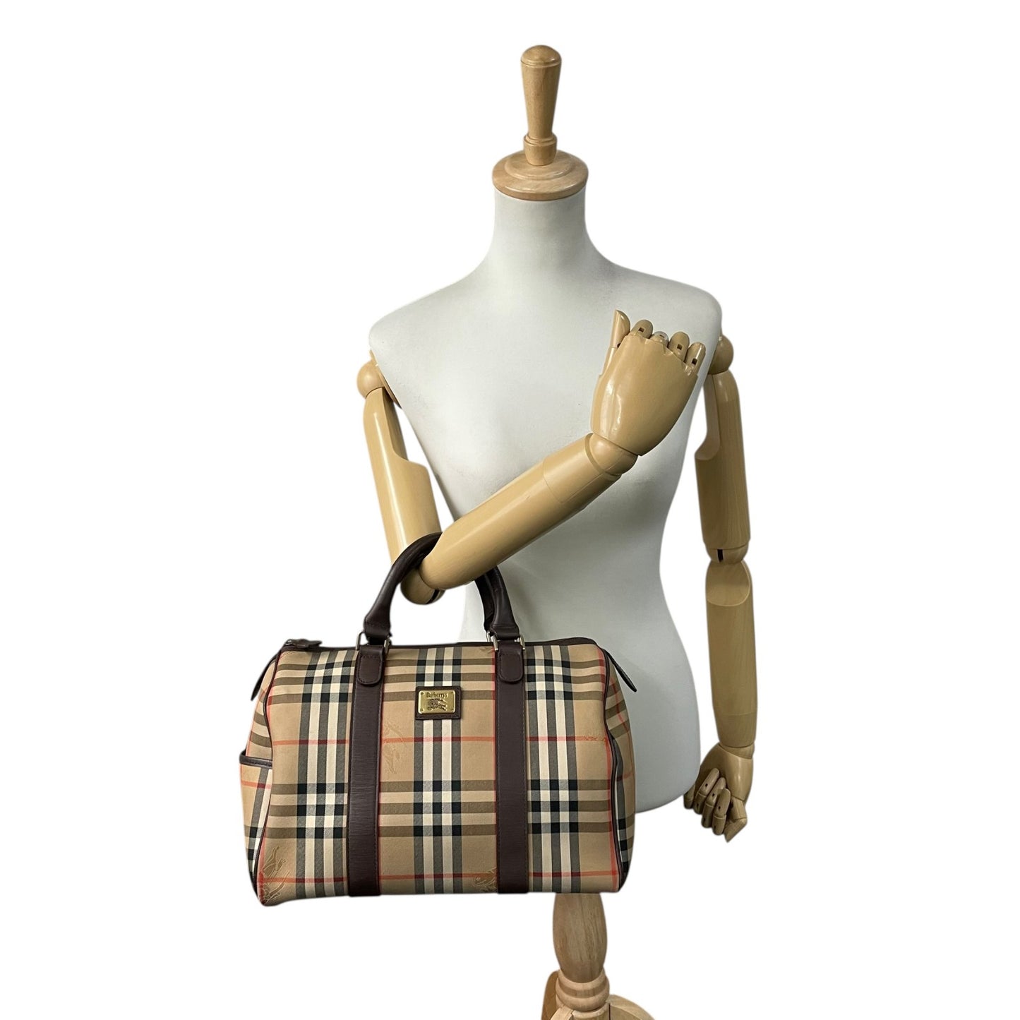 バーバリー Burberrys ボストンバッグ ハンドバッグ シャドーホース ノバチェック ベージュ 茶色 ブラウン キャンバス レザー E