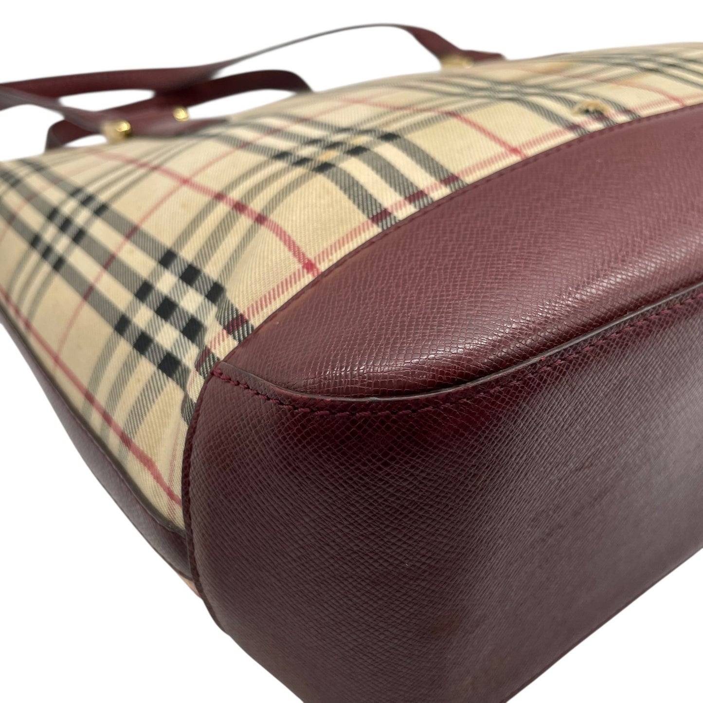 バーバリー BURBERRY ノバチェック ハンドバッグ トートバッグ ベージュ 赤 ボルドー チェック柄 キャンバス レザー ゴールド金具 ロゴ型押し ファスナー開閉 レディース D5