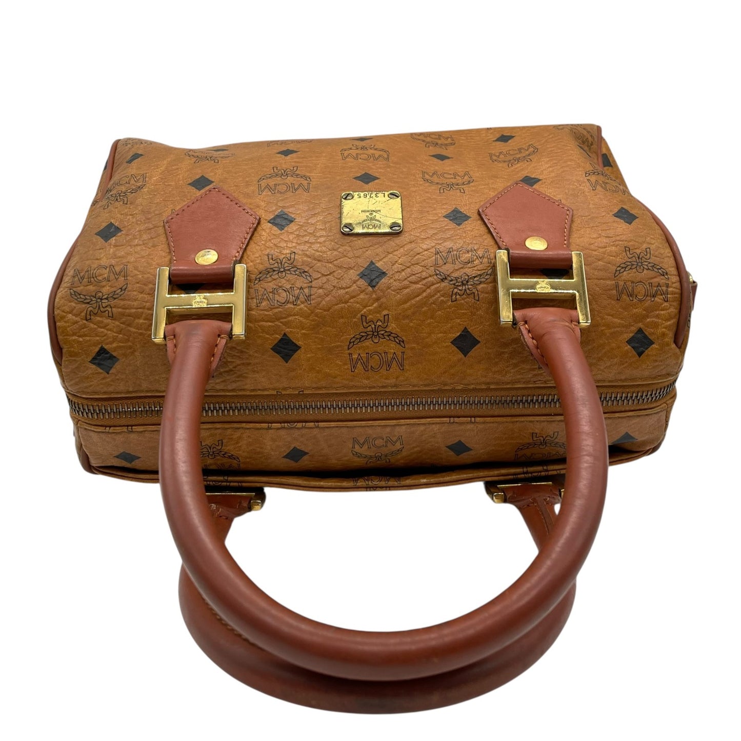 エムシーエム MCM ヴィセトス 2WAY ハンドバッグ ミニボストンバッグ ショルダーバッグ 茶 ブラウン コニャック レザー ゴールド金具 斜め掛け可 レディース D