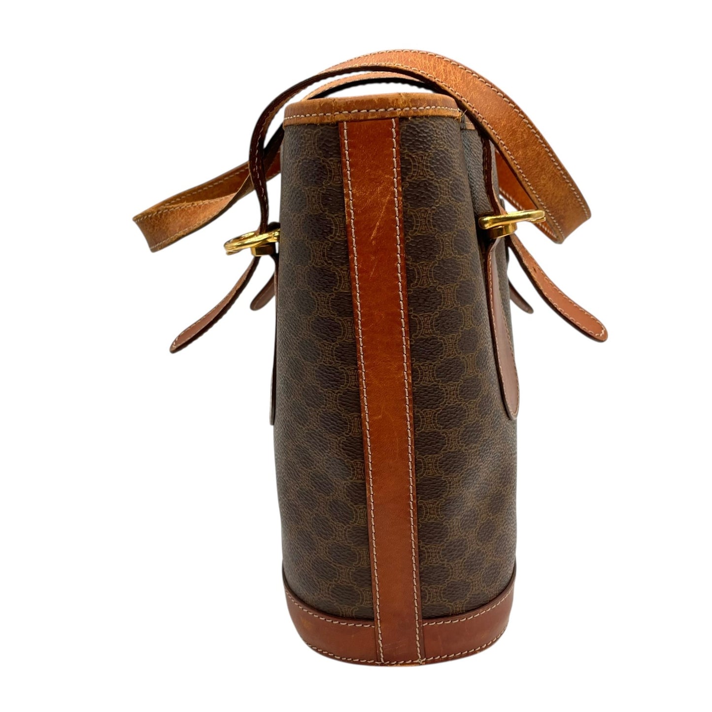 CELINE セリーヌ ヴィンテージ マカダム トートバッグ PVC レザー ブラウン トリオンフ 金具 90s イタリア製 ショルダー可 オールドセリーヌ K9