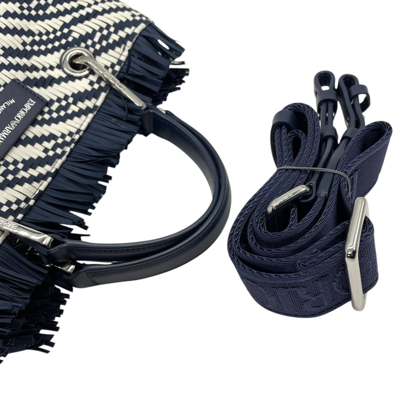 【未使用級】EMPORIO ARMANI エンポリオアルマーニ 2way ハンドバッグ ショルダーバッグ 編み込み キャンバス フリンジ ネイビー ホワイト D