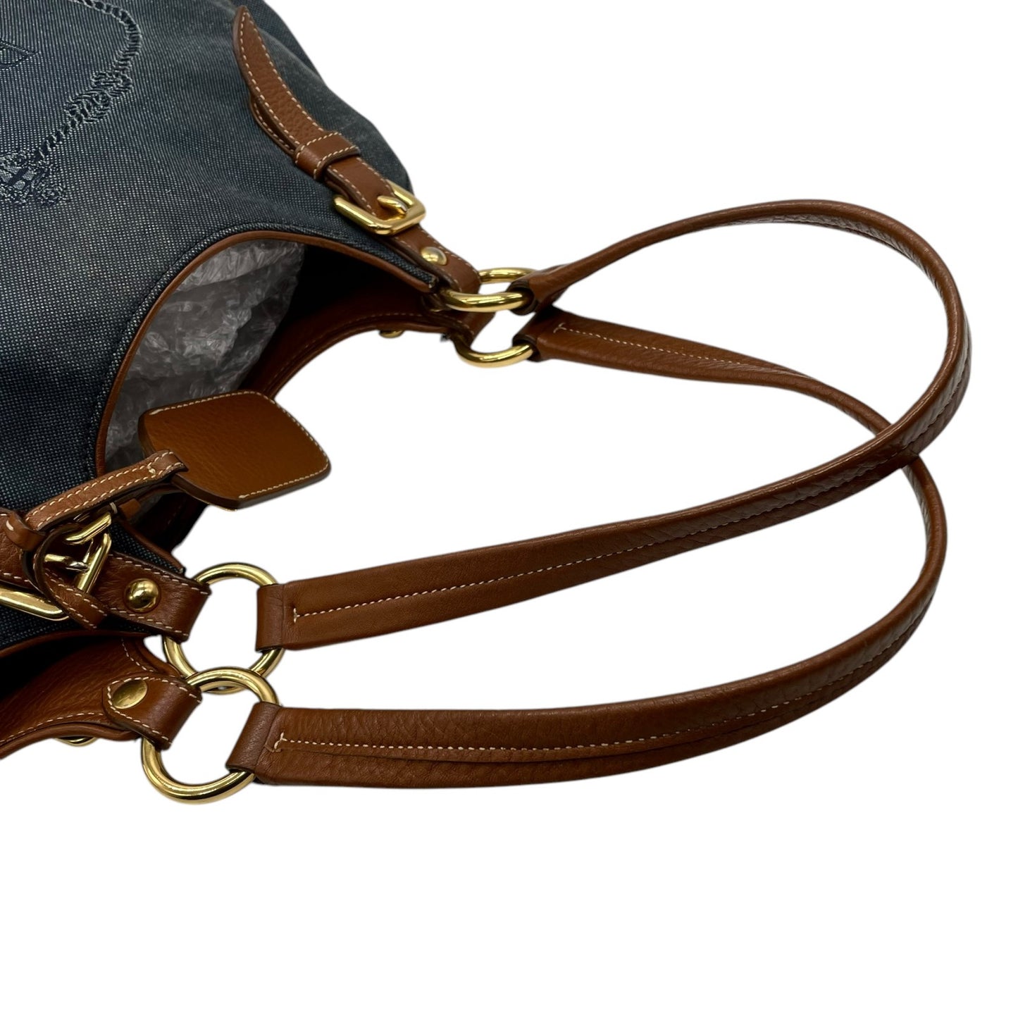 美品 PRADA プラダ ロゴ ジャガード トートバッグ ショルダー デニム レザー ブルー ブラウン ゴールド金具 D5