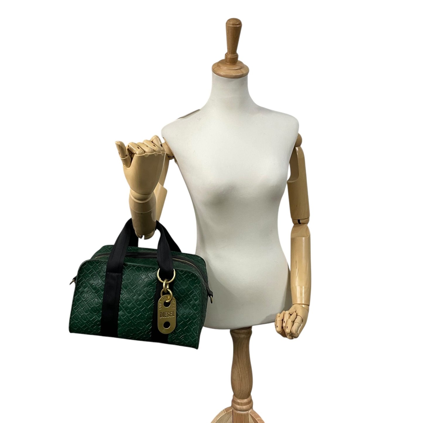 美品 DIESEL ディーゼル エンボス モノグラム ハンドバッグ 2WAY ショルダー ミニボストン 総柄 レザー 本革 グリーン 緑 2WAY ボストンバッグ ショルダーバッグ ゴールド金具 ユニセックス ファスナー開閉 Y2K label C