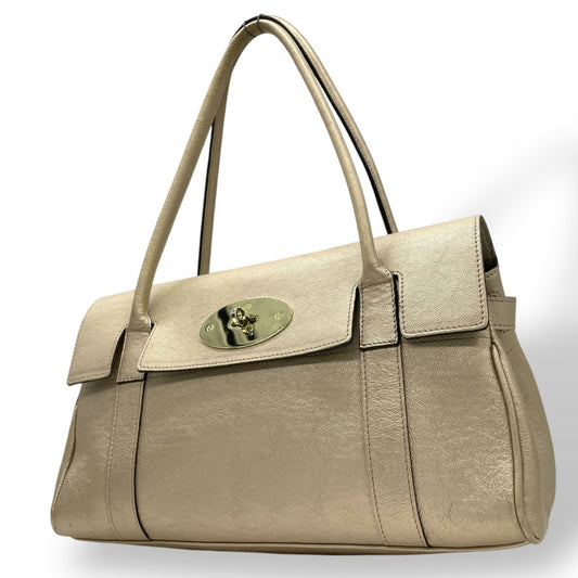 美品 マルベリー mulberry ベイズウォーター ハンドバッグ レザー 本革 ゴールドカラー ベージュ ゴールド金具 レディース フラップ ターンロック クラシック 通勤 通学 K12