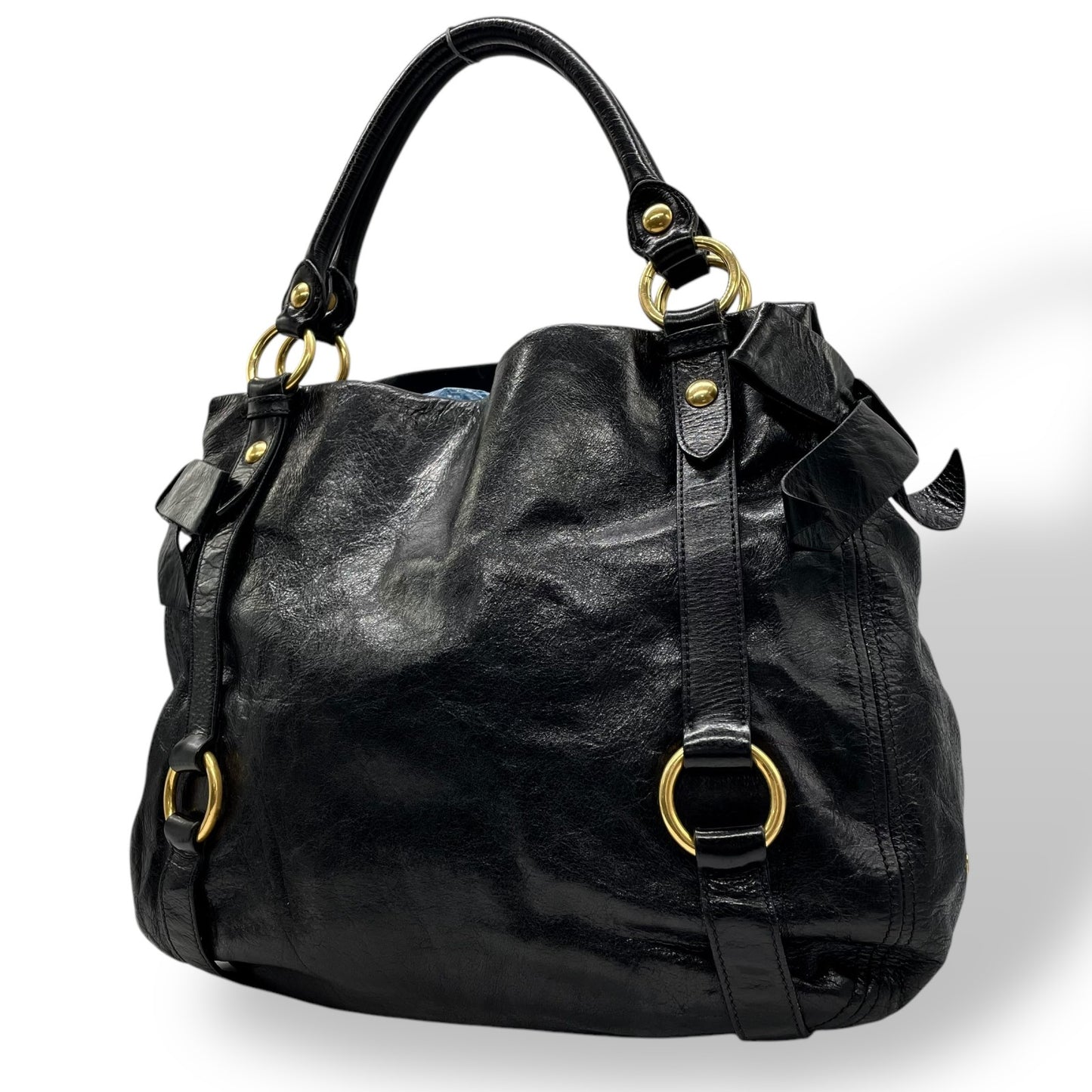 Authentic MIU MIU Vitello Lux Leather Black Tote Bag Gold Hardware Ladies B3