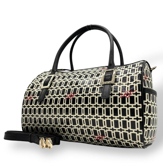 Authentic Roger Vivier Boston Bag Shoulder Bag 2WAY Strap PVC Black Pattern Gold Hardware Crossbody Women's