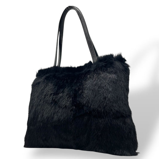 Authentic BURBERRY Blue Label Handbag Fur Leather Black Nova Check Lining Women's