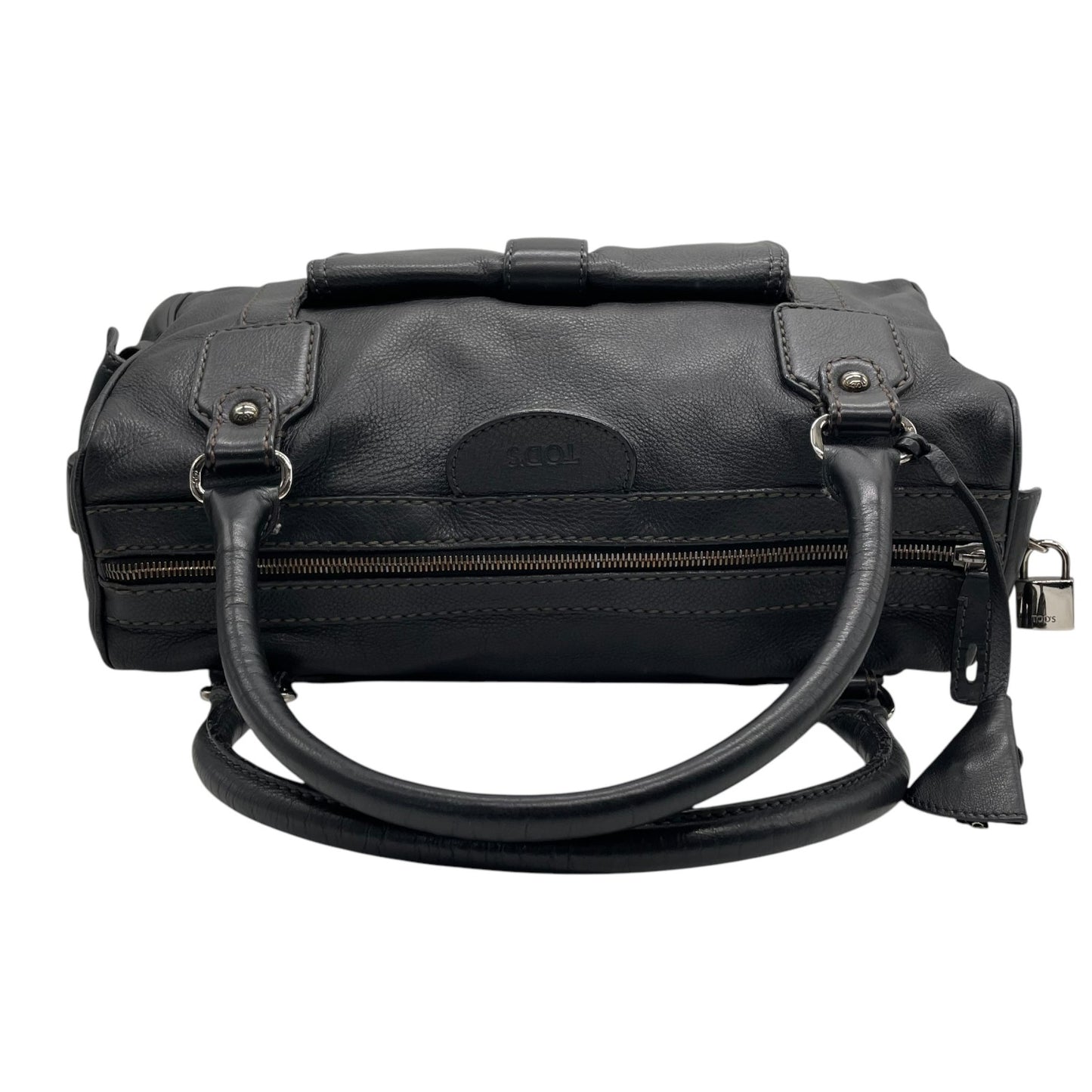 Authentic TOD'S Boston Handbag Leather Black Silver Hardware Padlock Women's