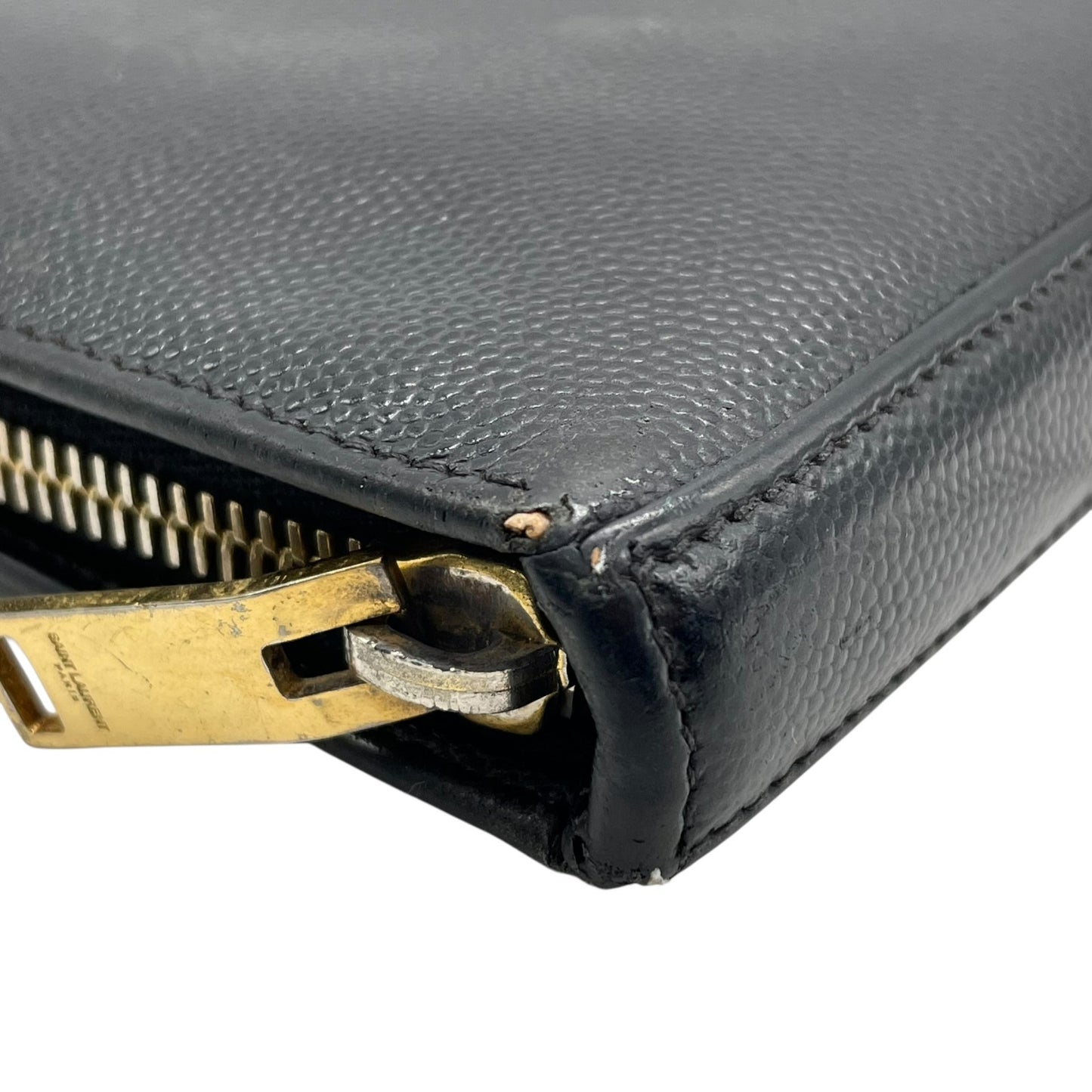 Authentic SAINT LAURENT YSL Leather Round Zipper Wallet Black Gold Hardware Unisex