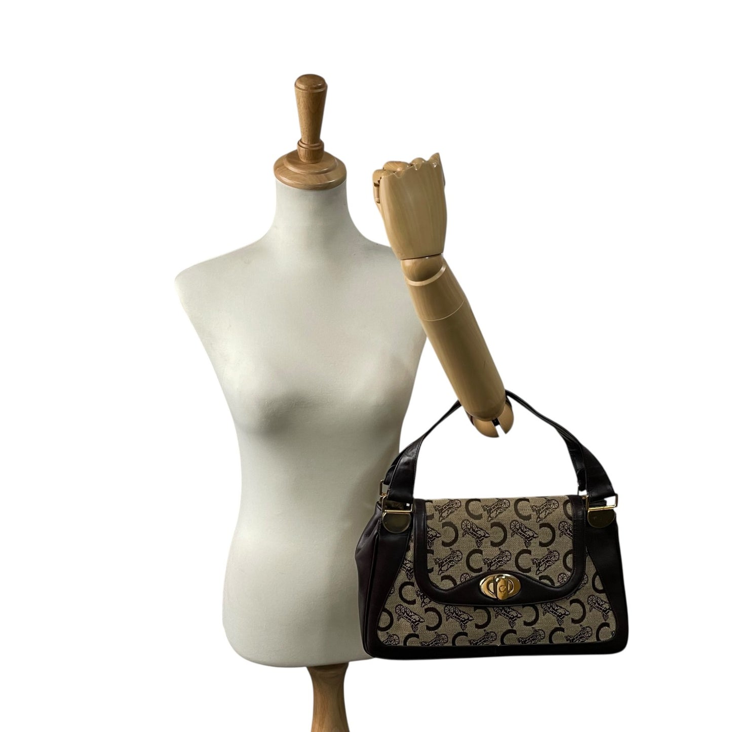 Authentic CELINE C Macadam Turnlock Handbag Canvas Leather Brown Gold Hardware Women