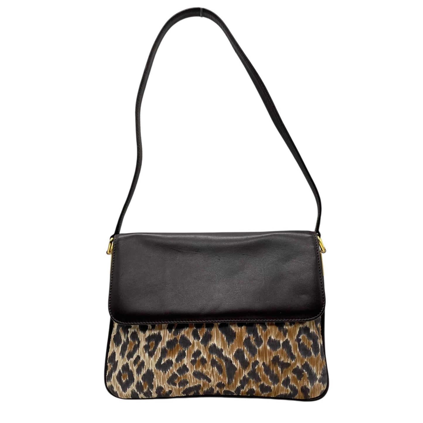 Authentic DOLCE&GABBANA Leopard Print Shoulder Bag Leather Canvas Brown Gold Hardware D&G Logo Flap Women's